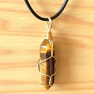 Tiger Eye  Natural Gemstone Hexagonal Point Gold Wire Wrapped Pendant Necklace